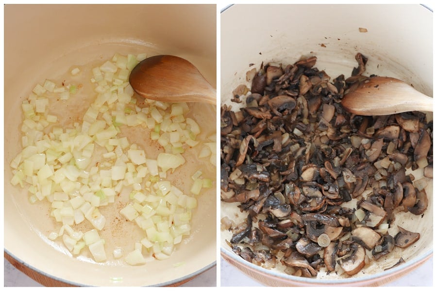 Sauteed onion and mushrooms in Dutch oven.