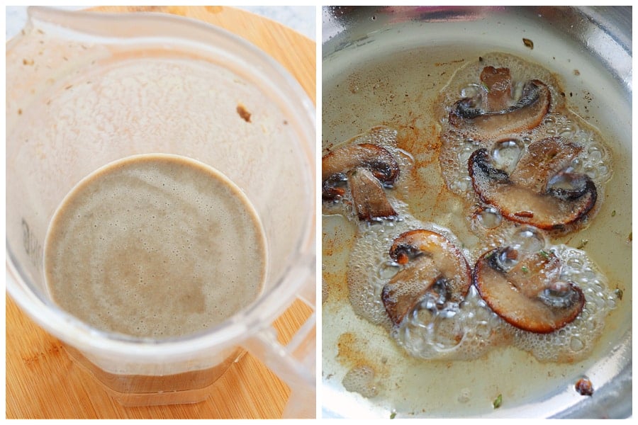 Blended soup and fried mushrooms.