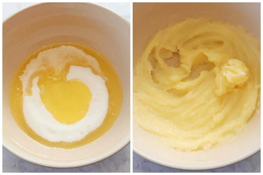 Melted butter in a mixing bowl.