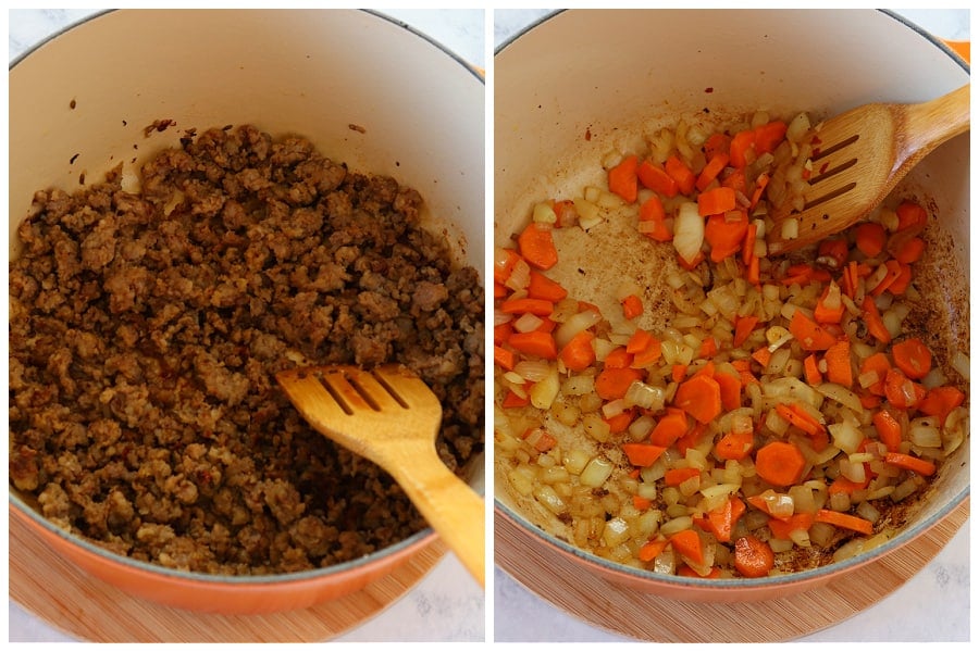 Sausage in Dutch oven and veggies in the pot.