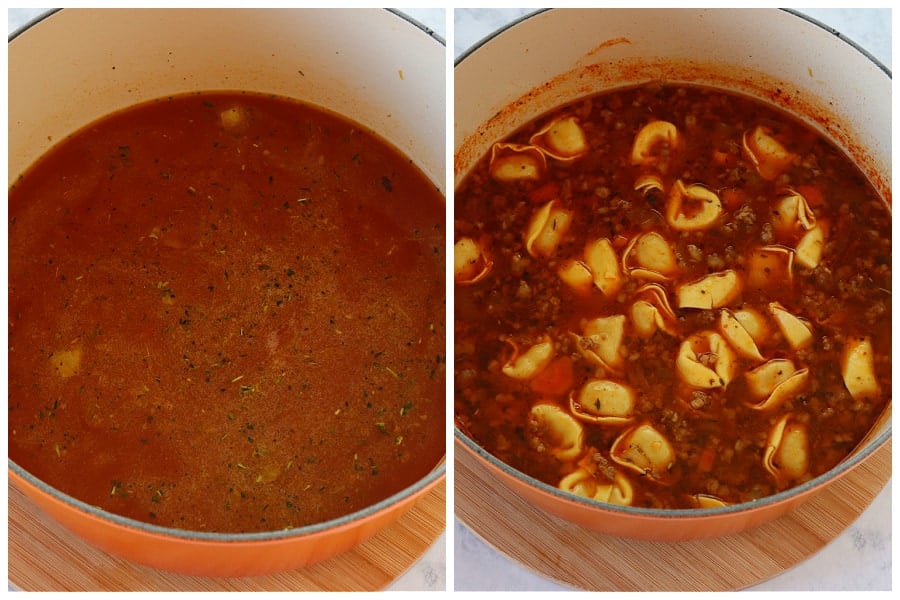 Liquids added to Dutch oven and all ingredients in the pot.