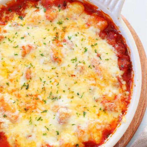 Baked gnocchi in a dish.