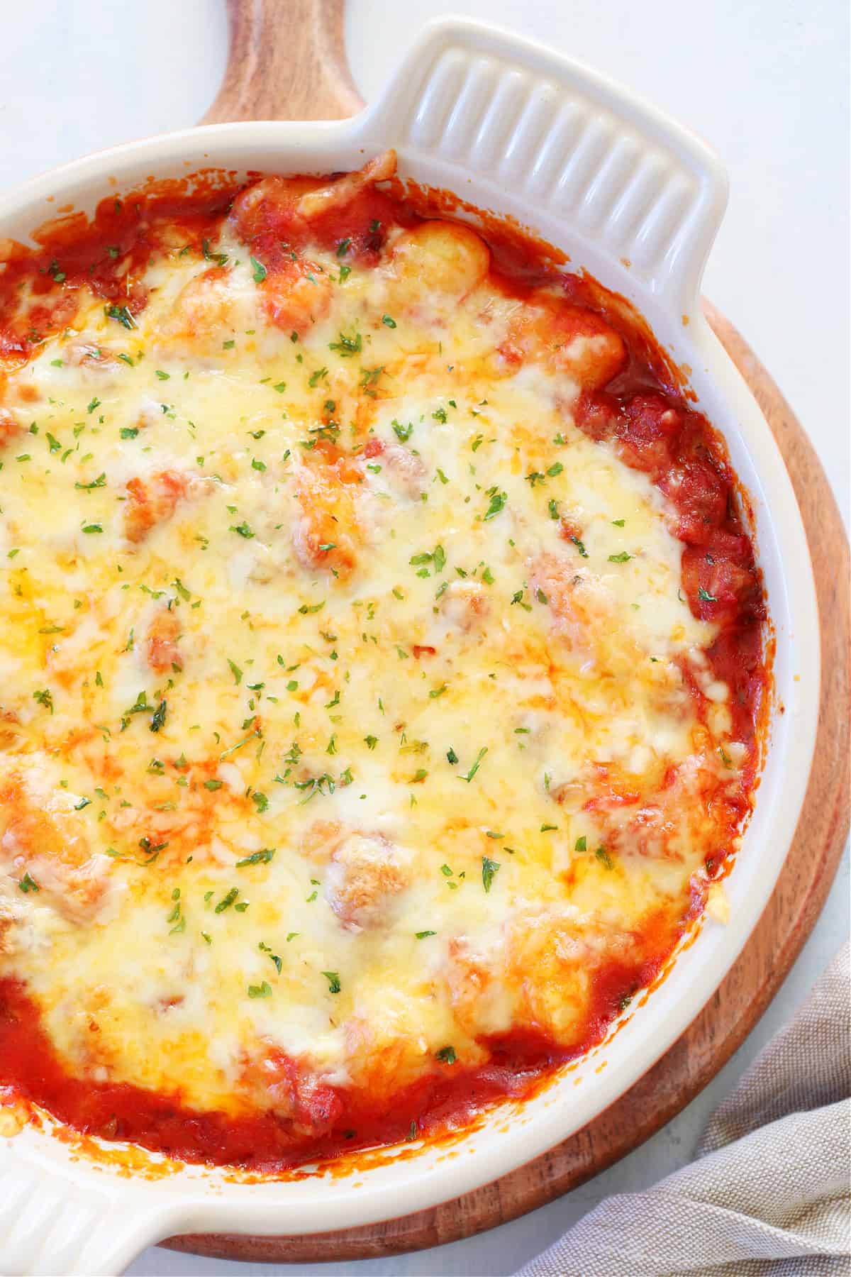 Baked Gnocchi with Sausage Baked gnocchi in a dish.