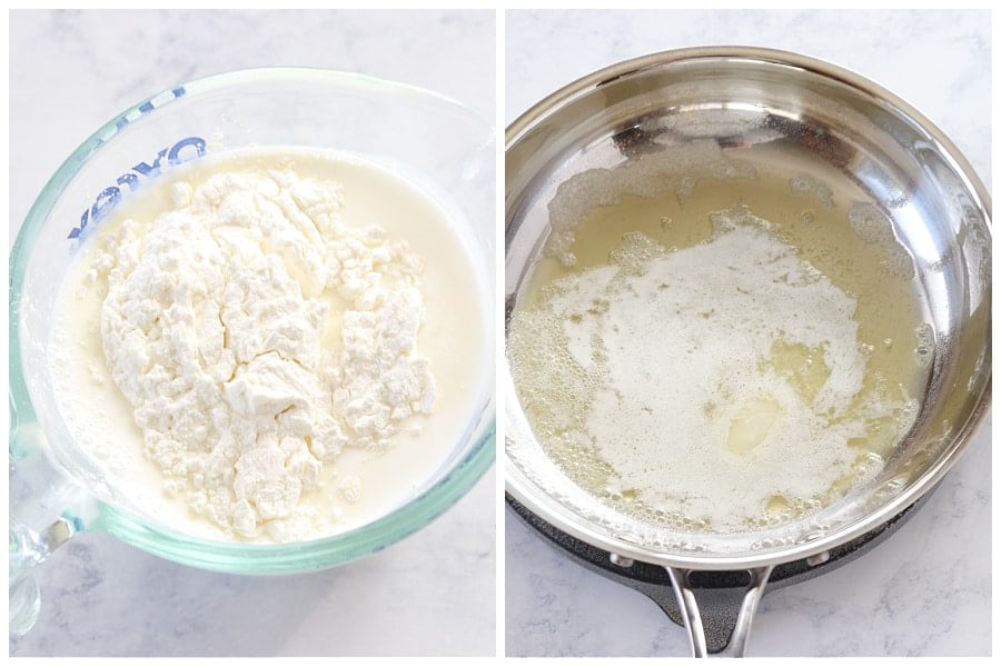 Melted butter in pan and half and half mixture in measuring cup.