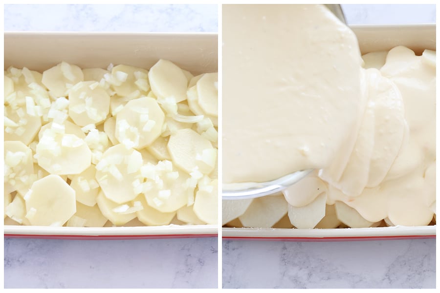 Pouring cheese over sliced potatoes in a baking dish.