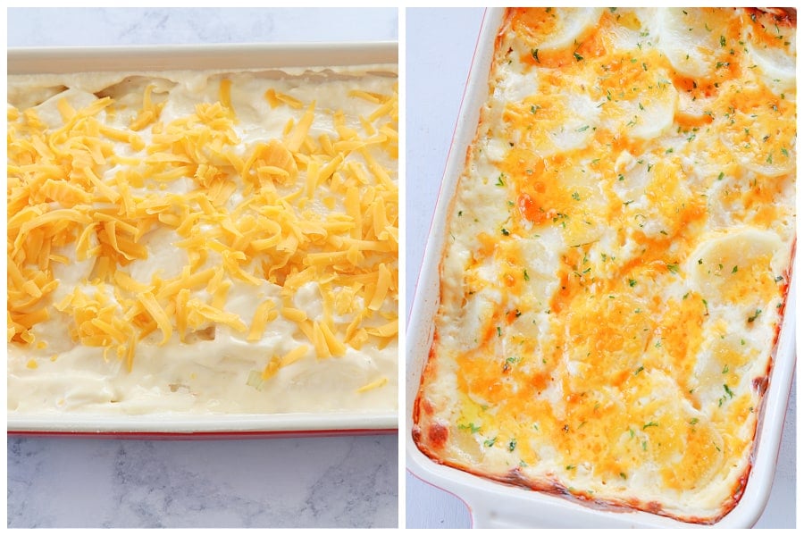 Scalloped potatoes before and after baking.