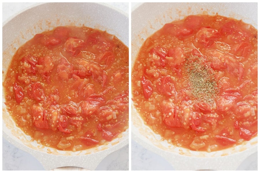 Tomato sauce in a pan.