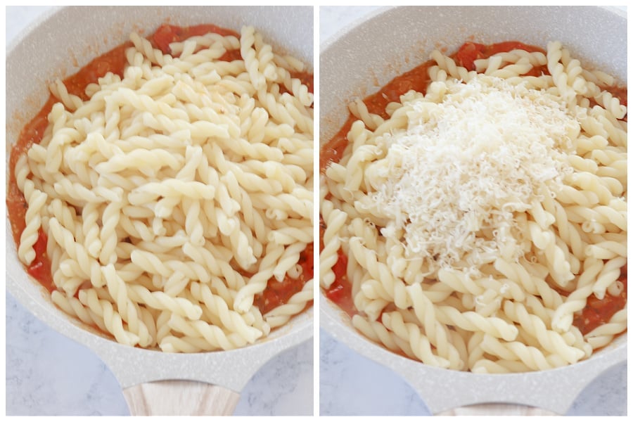 Pasta added to sauce.