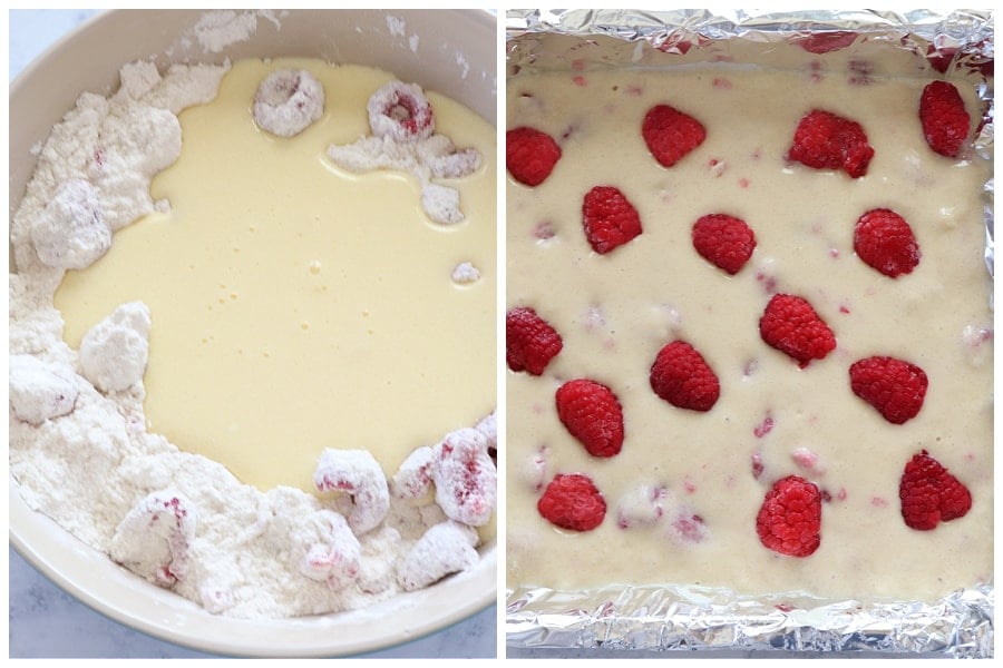 Wet ingredients added and batter in a cake pan.
