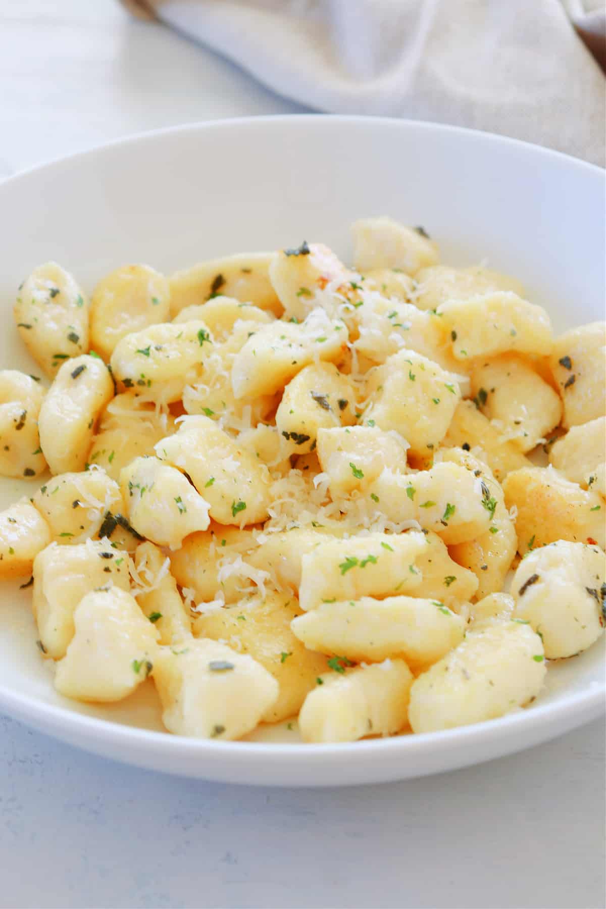 Ricotta gnocchi in a pasta bowl.