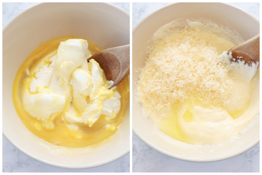 Ricotta and eggs in a mixing bowl.