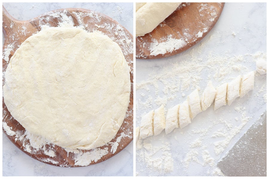 Gnocchi dough on a floured surface.