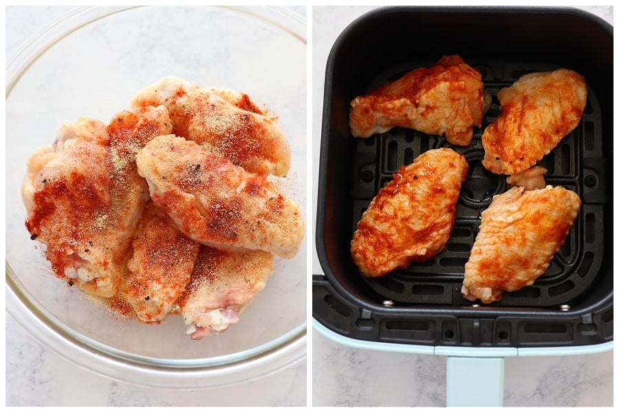 Seasoned chicken wings in a bowl and in the air fryer.