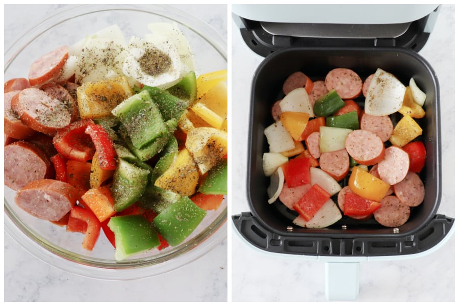 Sausage and veggies in a bowl and in the air fryer basket.