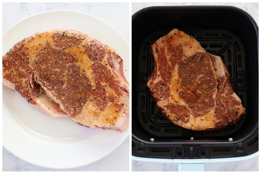 Raw steak seasoned on a plate and in the air fryer basket.