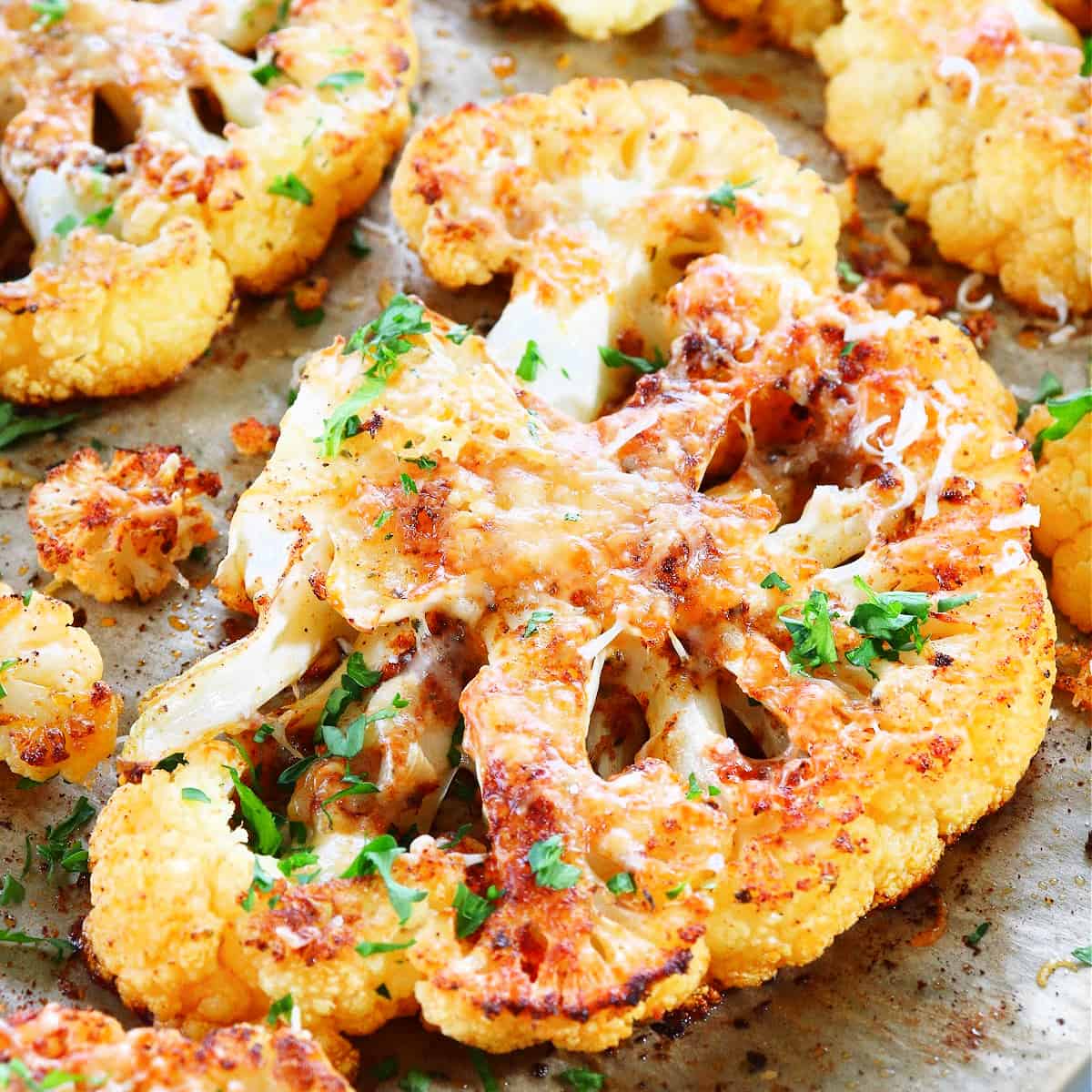 Roasted cauliflower steak close up.