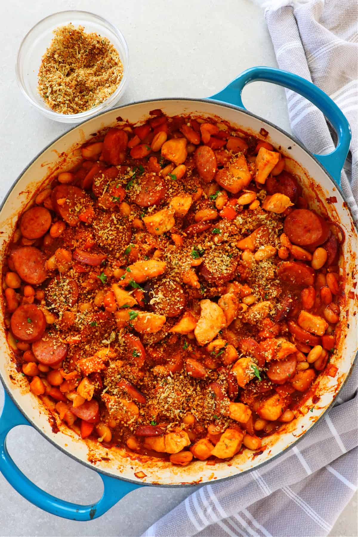 Chicken cassoulet in a Dutch oven.