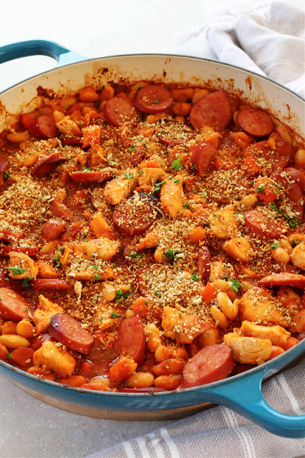 Cassoulet in a blue Dutch oven.