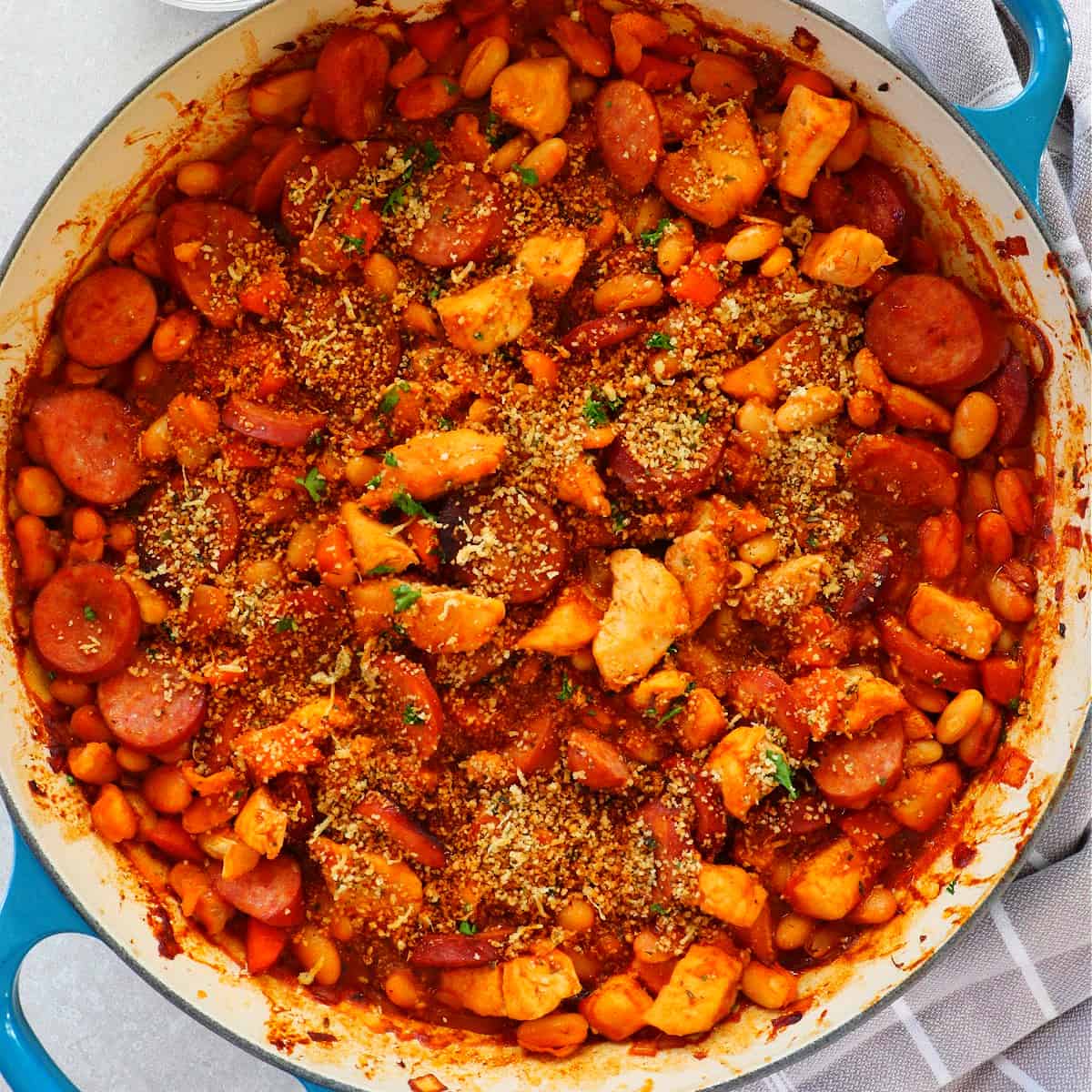 Cassoulet in a blue Dutch oven.