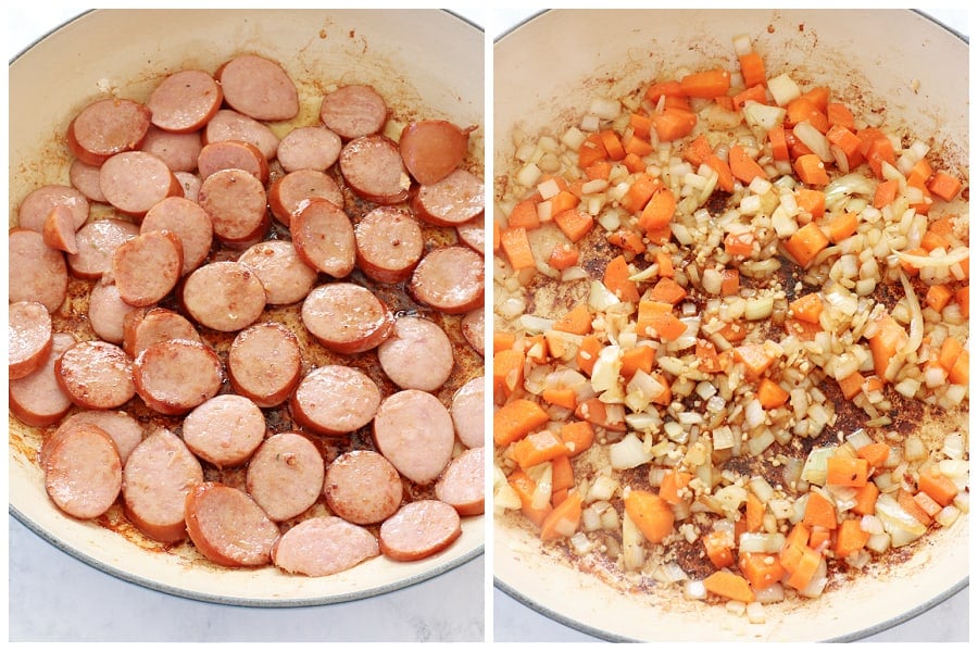 Sausage and veggies in a braiser.