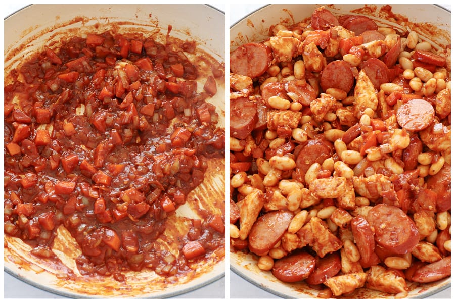 Tomato pasta and beans in braiser.