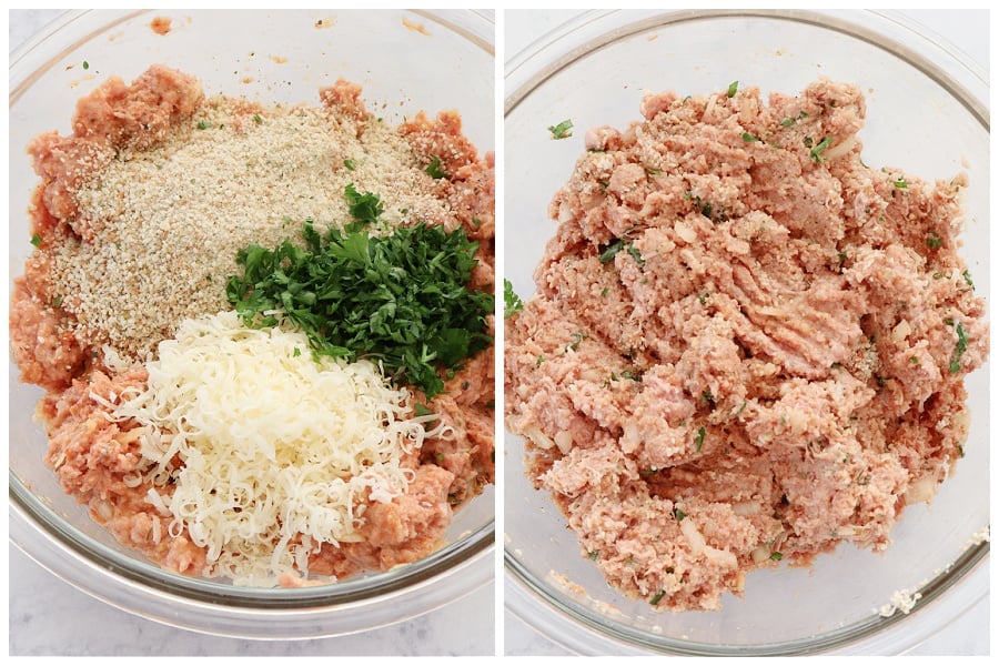 Turkey meat with cheese, parsley and breadcrumbs in a bowl.