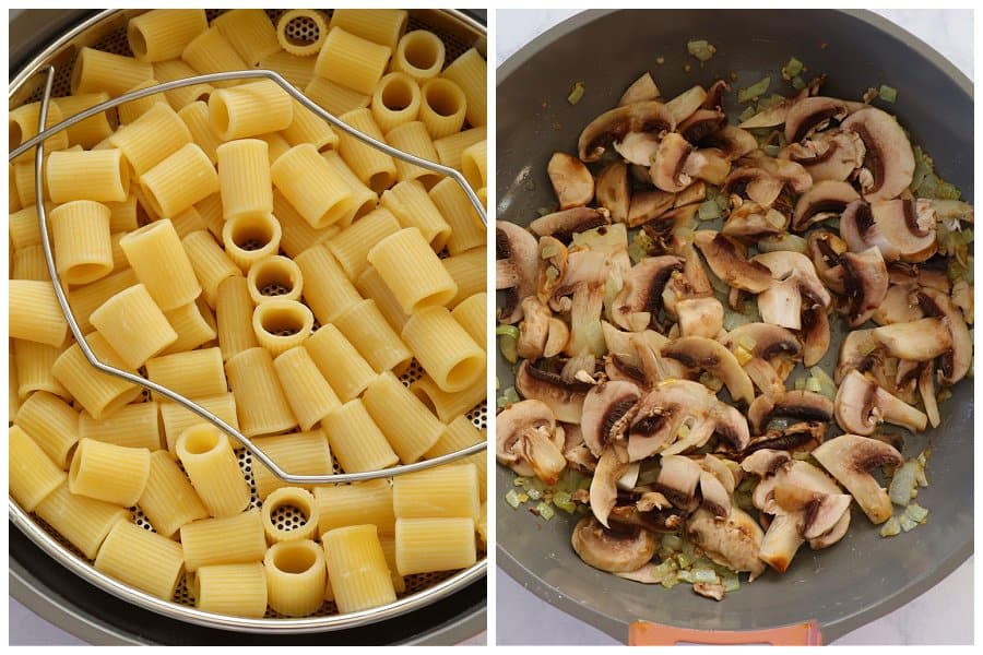 Pasta cooking in a pan and mushrooms in a pan.