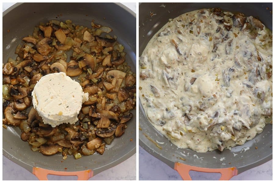 Sauteed mushooms and Boursin cheese in a pan.