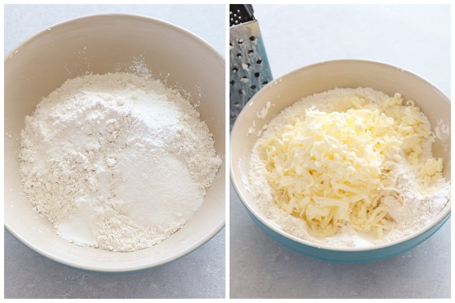 Dry ingredients and grated butter in a mixing bowl.
