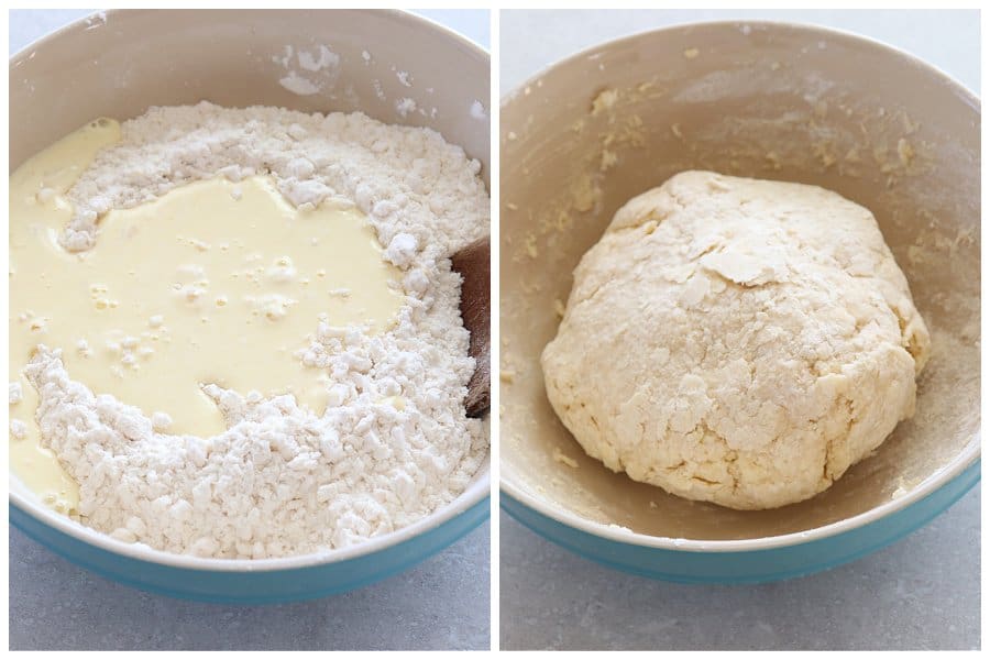 Wet ingredients in flour and dough shaped into a ball.
