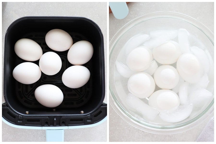 Eggs in the air fryer basket and in the ice bath.