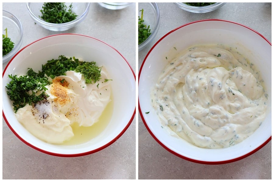 Two photos of ingredients for the dressing in a bowl and mixed together. 
