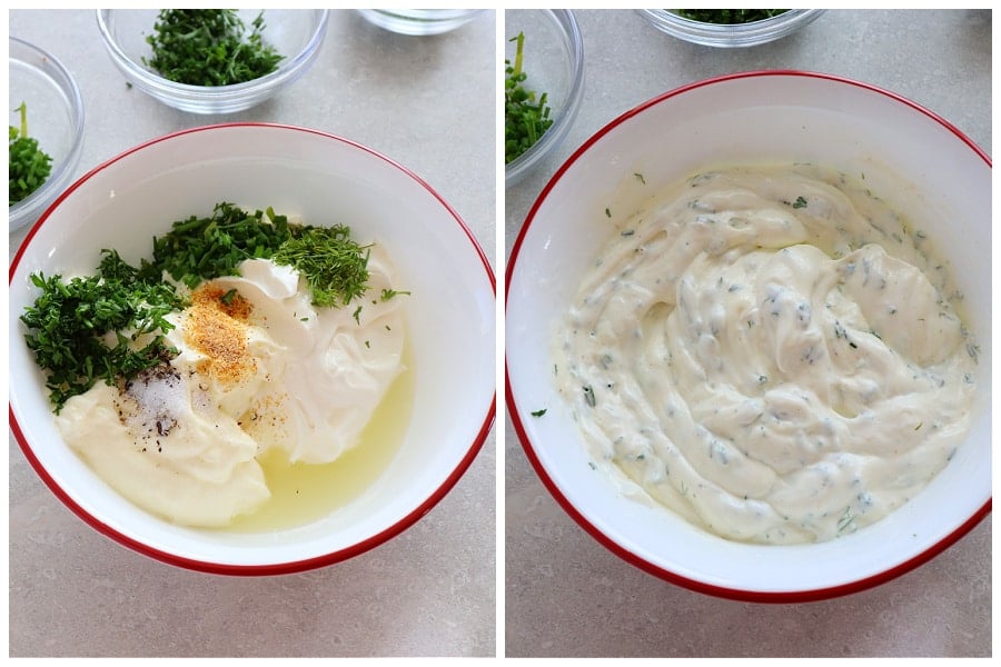 Two photos of ingredients for the dressing in a bowl and mixed together. 