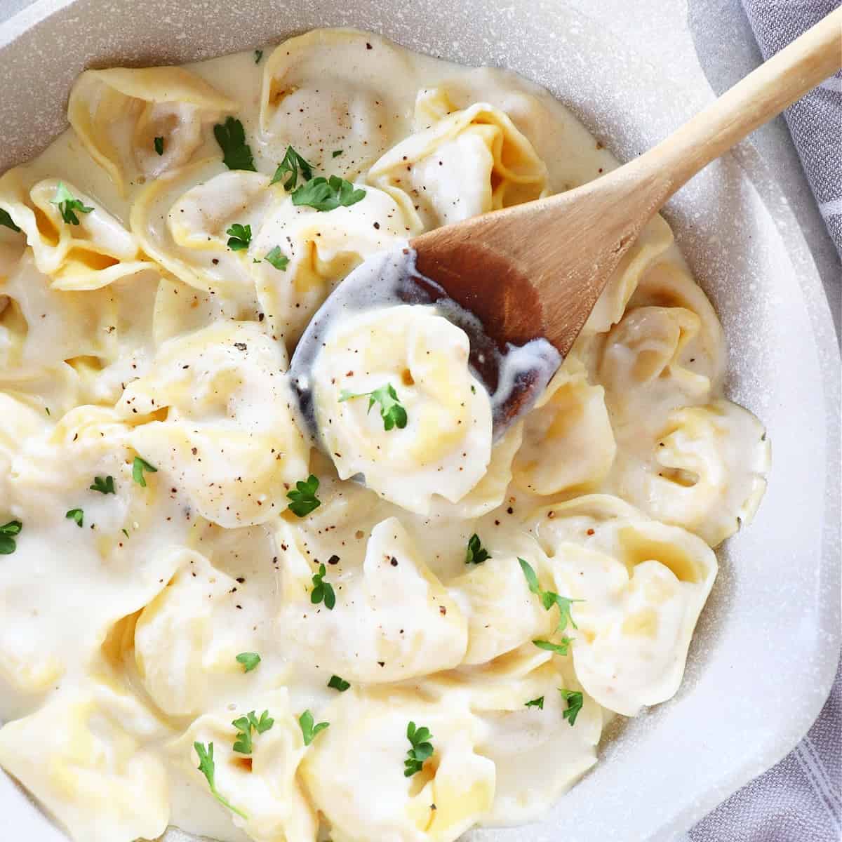 Tortellini Alfredo in a pan.