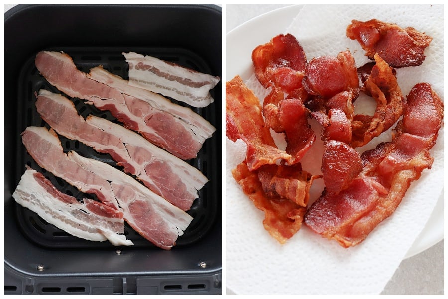 Raw bacon in the air fryer basket and cooked on a plate.
