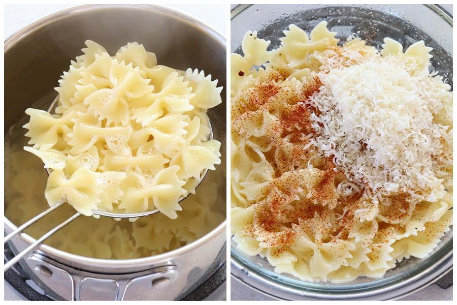 Cooked pasta in a bowl.