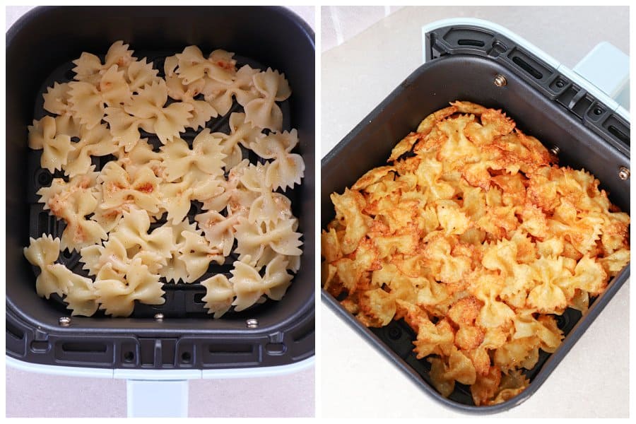 Pasta in air fryer basket.