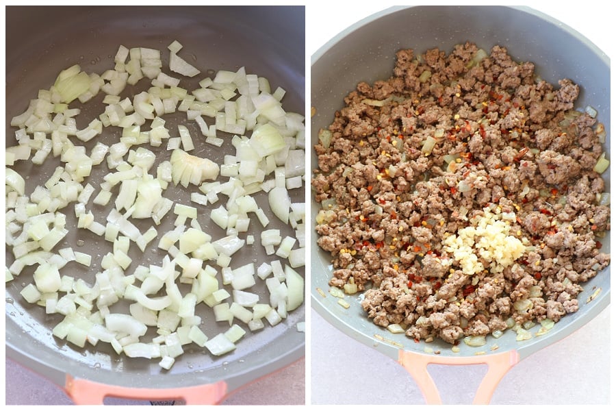 Chopped onion in a pan and ground beef cooked in a pan.