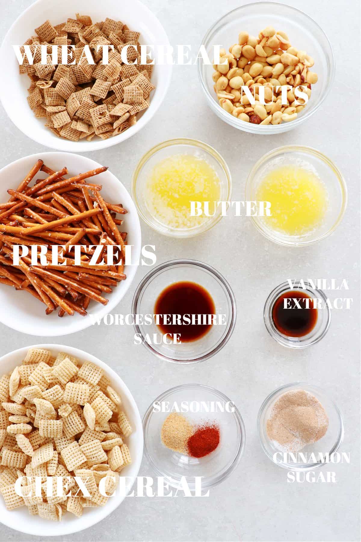 Ingredients for air fryer party mix on a board.