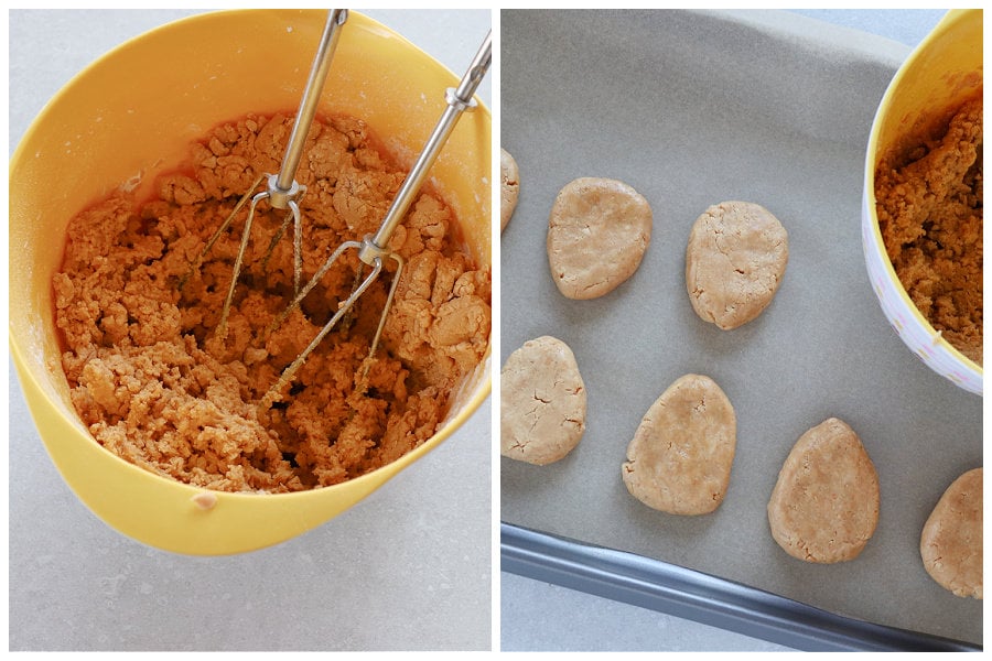 Ingredients mixed in a bowl and formed into eggs.