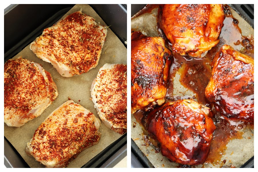 Seasoned chicken thighs in the air fryer basket and brushed with BBQ sauce.