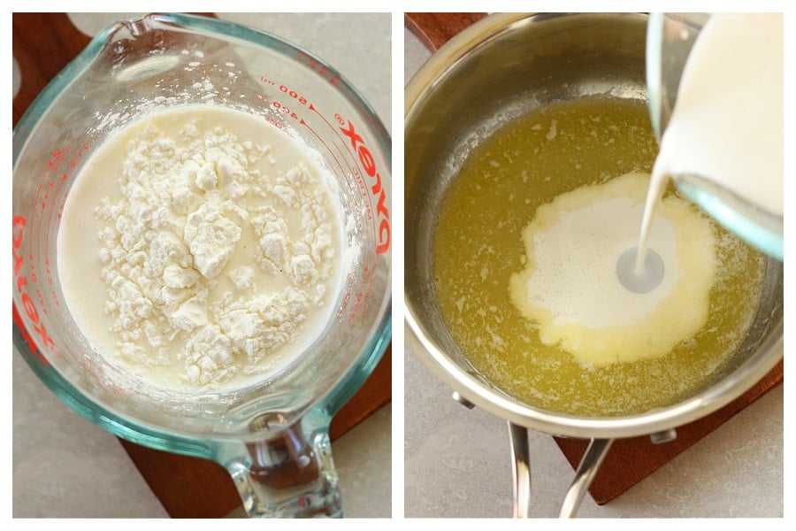 Half and half and cornstarch in a glass cup and poured into melted butter in saucepan.