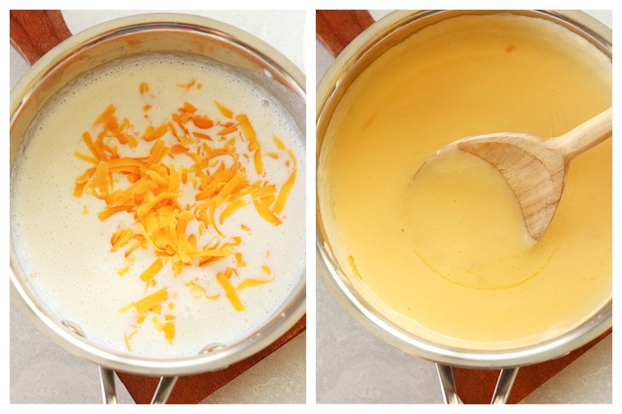 Cheddar added to half and half and smooth sauce in a saucepan.