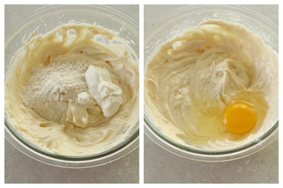 Flour and egg added to cheesecake filling in a bowl.