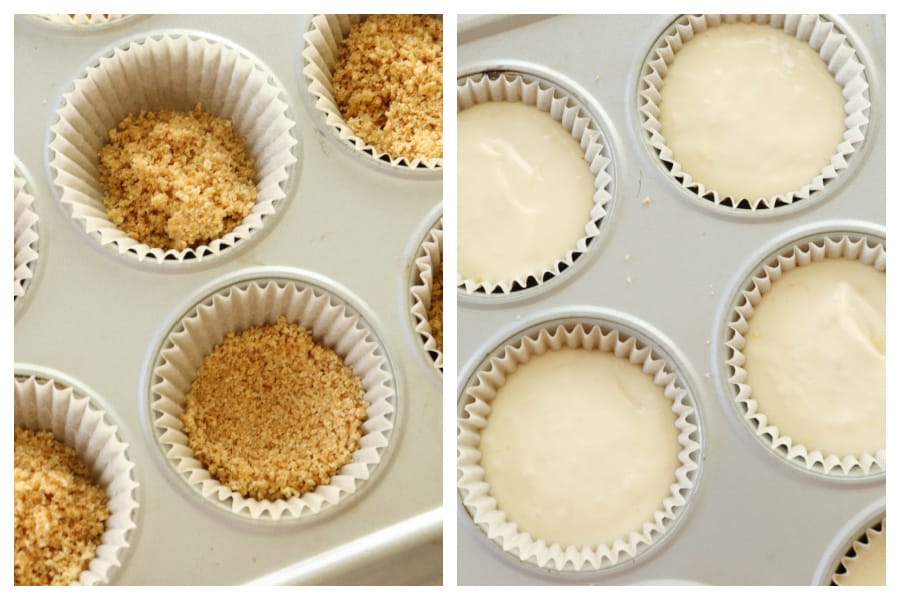 Crust in muffin pan liners and cheesecake batter in liners.