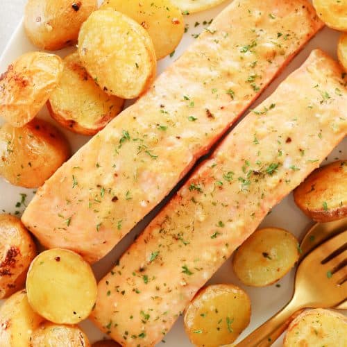 Salmon and golden potatoes.