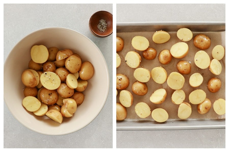 Potatoes in a bowl and on the baking sheet.