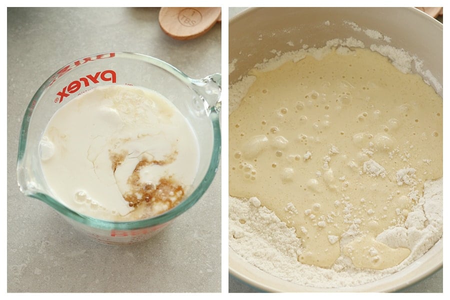 Buttermilk in a glass cup and all ingredients in a mixing bowl.