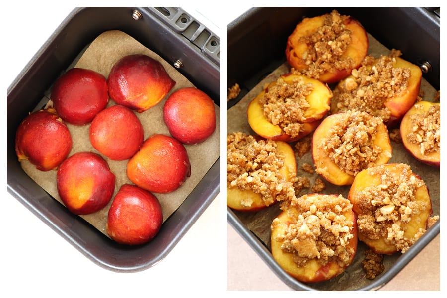 Peach halves in the air fryer basket and with topping.