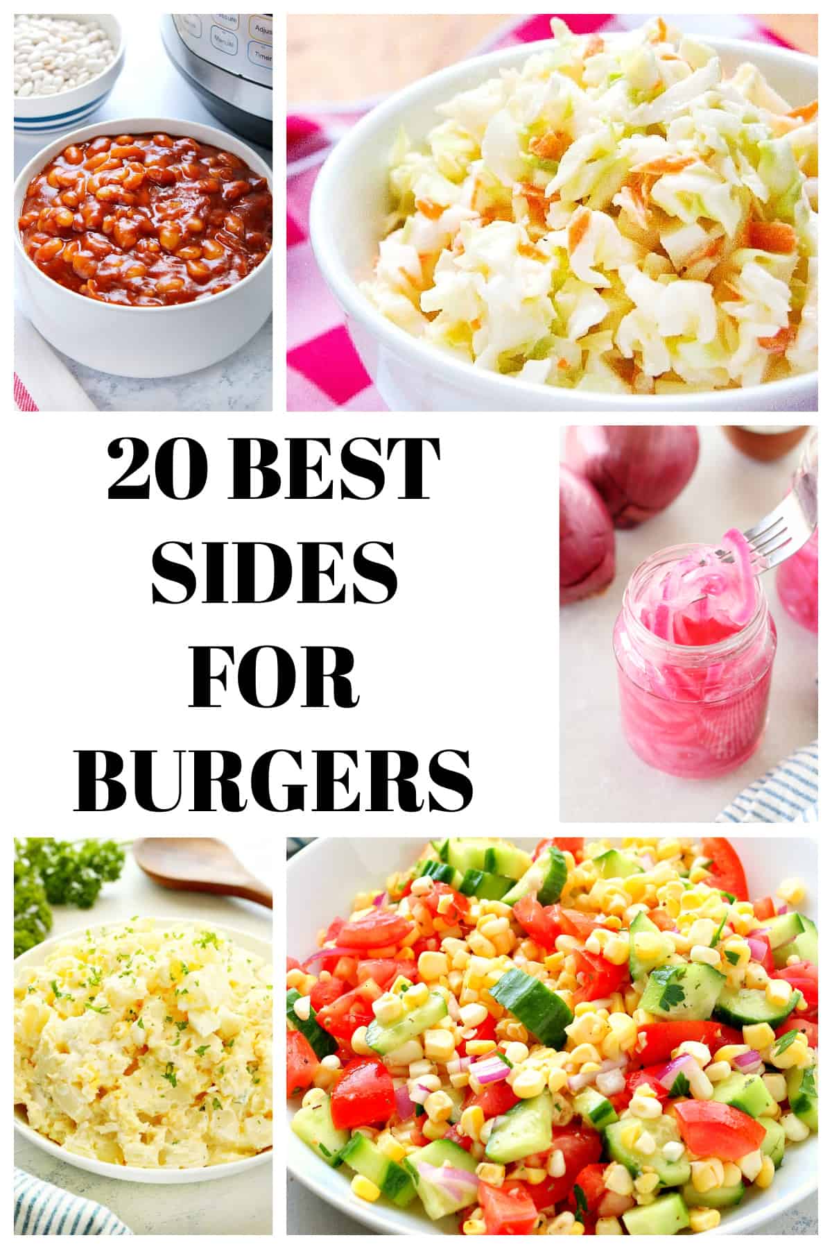 Photo collage of sides to serve with burgers.